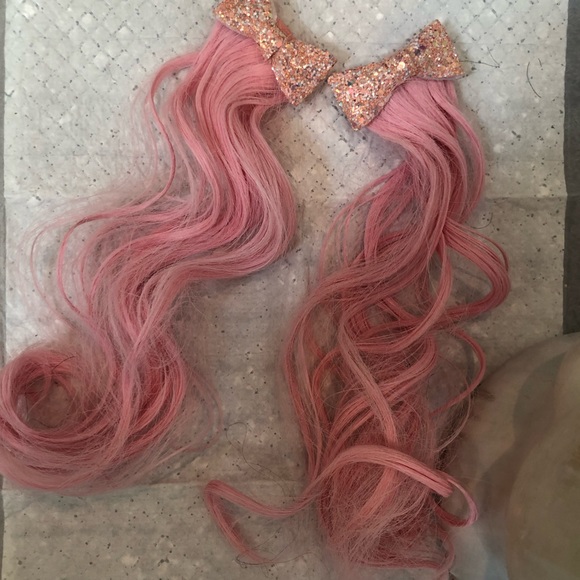 Hair extensions Accessories - Pink glitter bow barrettes Pink hair extensions Festival Coquettegirl CosPlay
